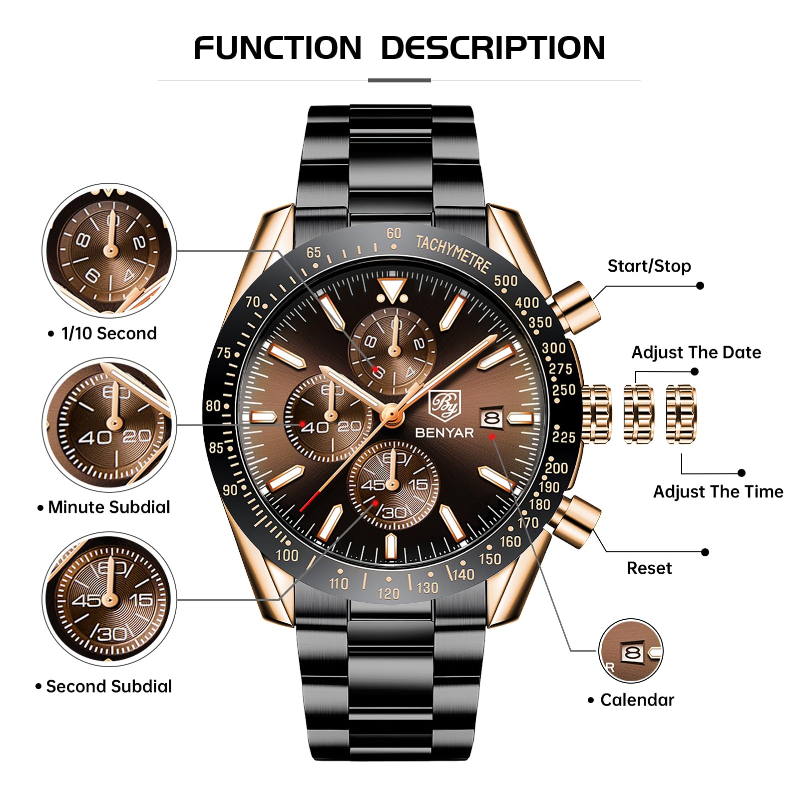 BENYAR Mens Watch Quartz Movement Chronograph