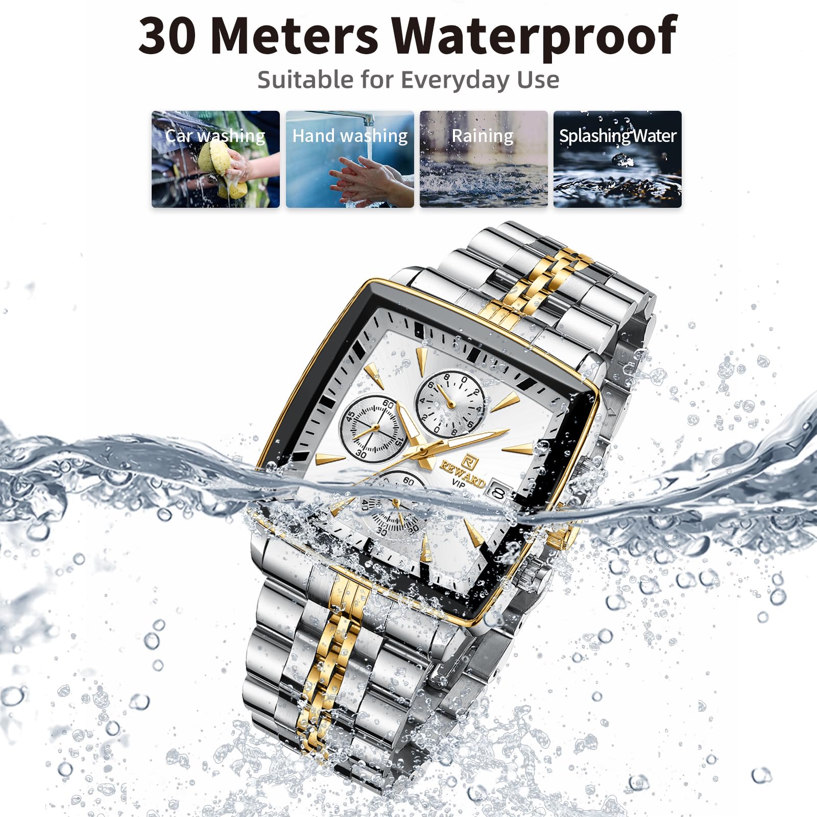 REWARD Mens Wrist Watch Business Big Square Face Waterproof