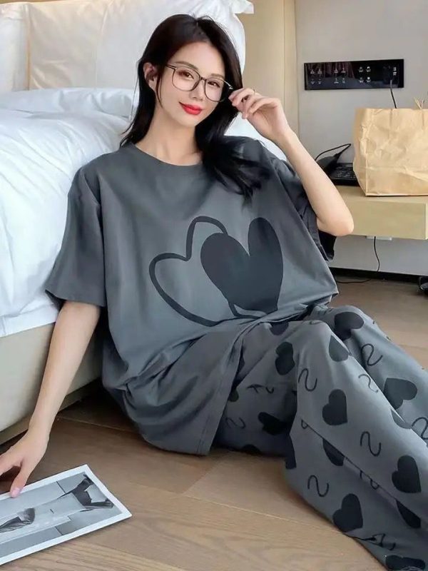 Charcoal Grey Hearts Printed Shirt With Hearts Printed Trouser Pj Suit For Girls / Women