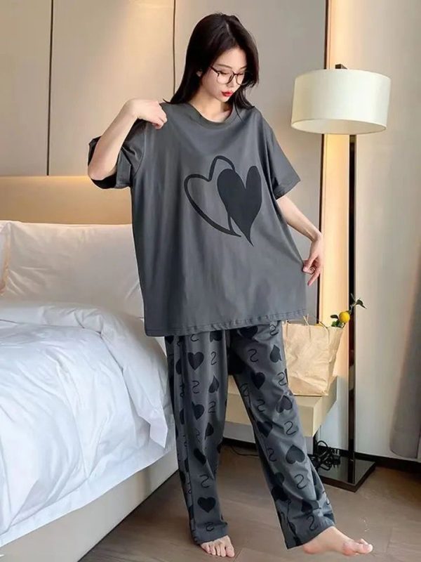 Charcoal Grey Hearts Printed Shirt With Hearts Printed Trouser Pj Suit For Girls / Women