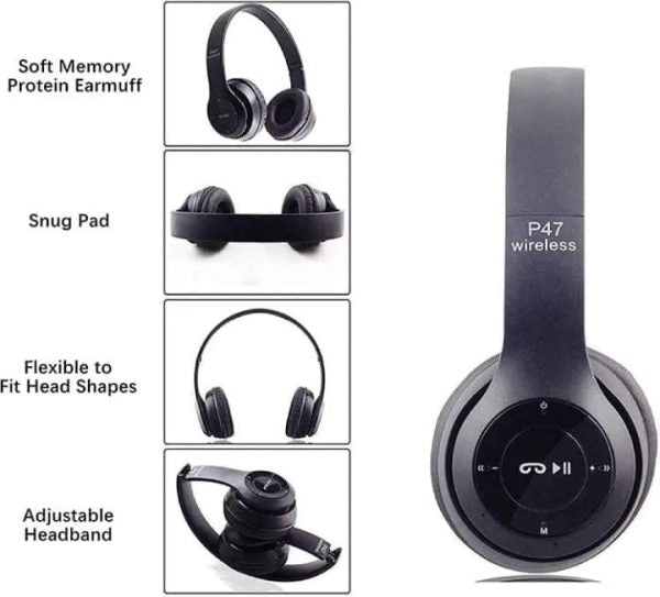 P47 Bluetooth Headphones Over Ear Foldable Headset For Gaming (Black Color)