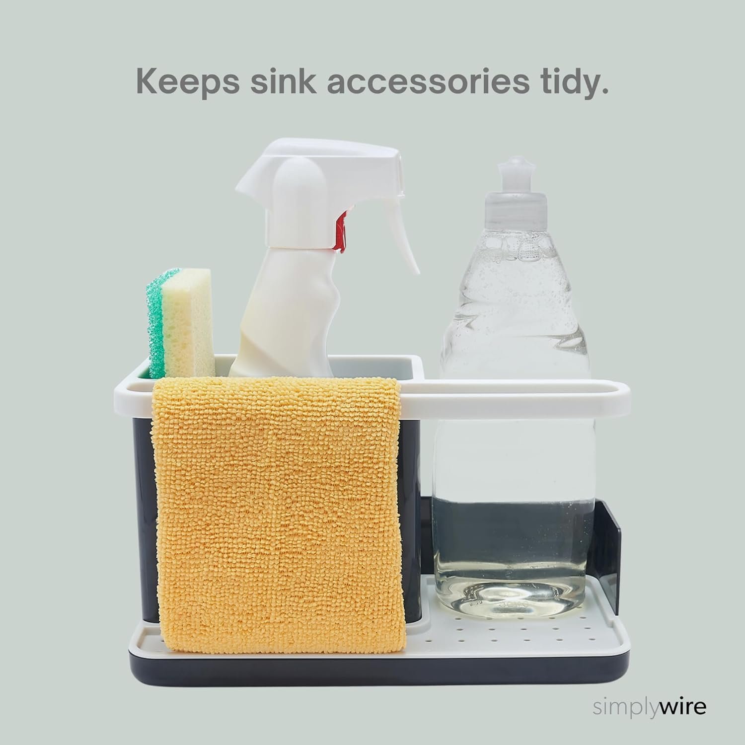 simplywire – Sink Tidy/Caddy – Kitchen Sink Organiser – Removable Drip Tray – Non-Slip - Grey & White - Image 3