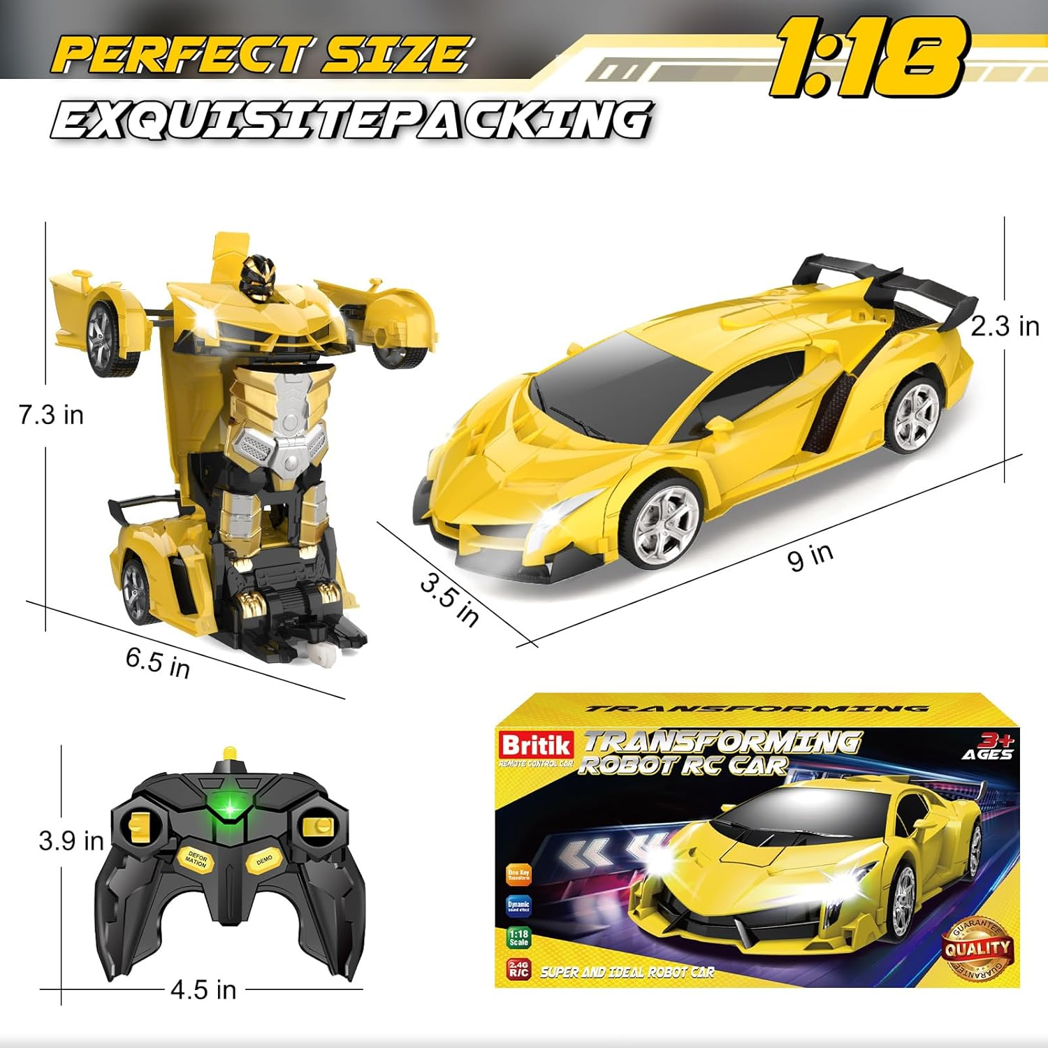 Britik Toys for Kids 3-8 Year Old: Transforming Remote Control Car Toys Gifts for Boys Age 3 4 5 6 7 8 Birthday Presents Toy for Toddler Transformable 2 in 1 Robot RC Car Toy 360° Rotating-Yellow - Image 2