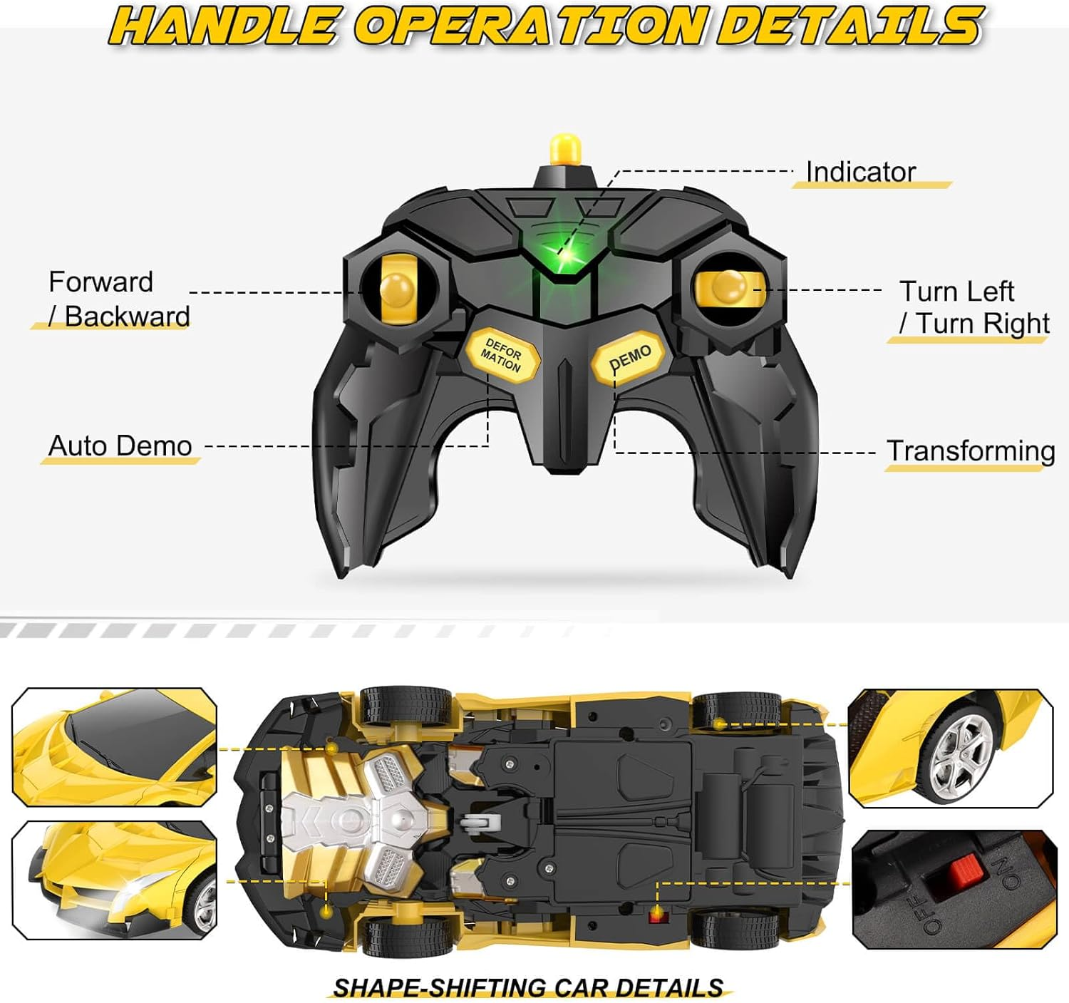 Britik Toys for Kids 3-8 Year Old: Transforming Remote Control Car Toys Gifts for Boys Age 3 4 5 6 7 8 Birthday Presents Toy for Toddler Transformable 2 in 1 Robot RC Car Toy 360° Rotating-Yellow - Image 9