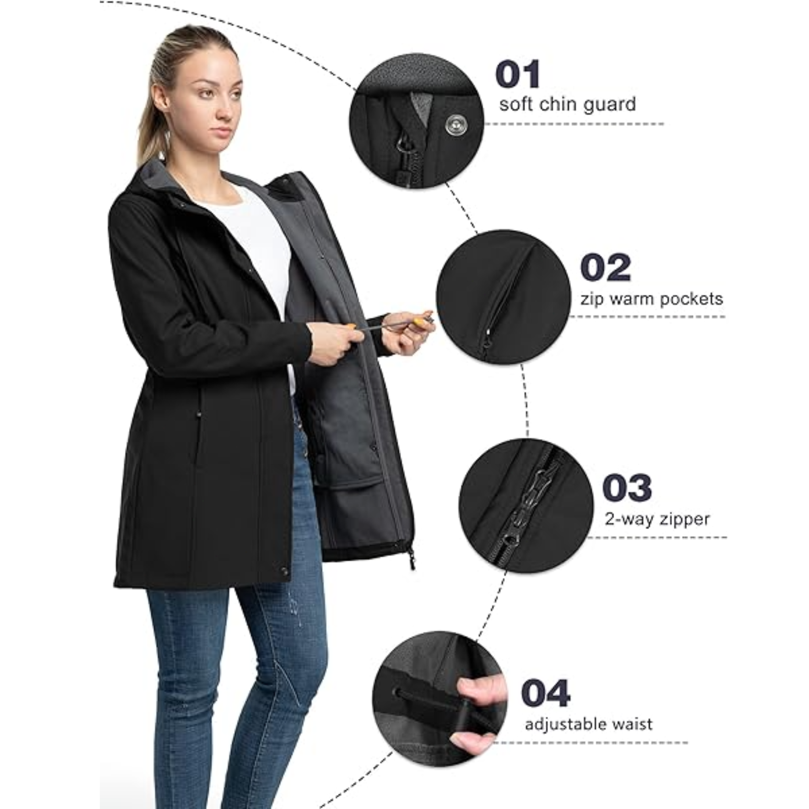33,000ft Women’s Lightweight Softshell Jacket with Hood Waterproof Ladies Functional Jacket Fleece Lined Windbreaker Breathable Raincoat Hooded Long Coats for Hiking - Image 2