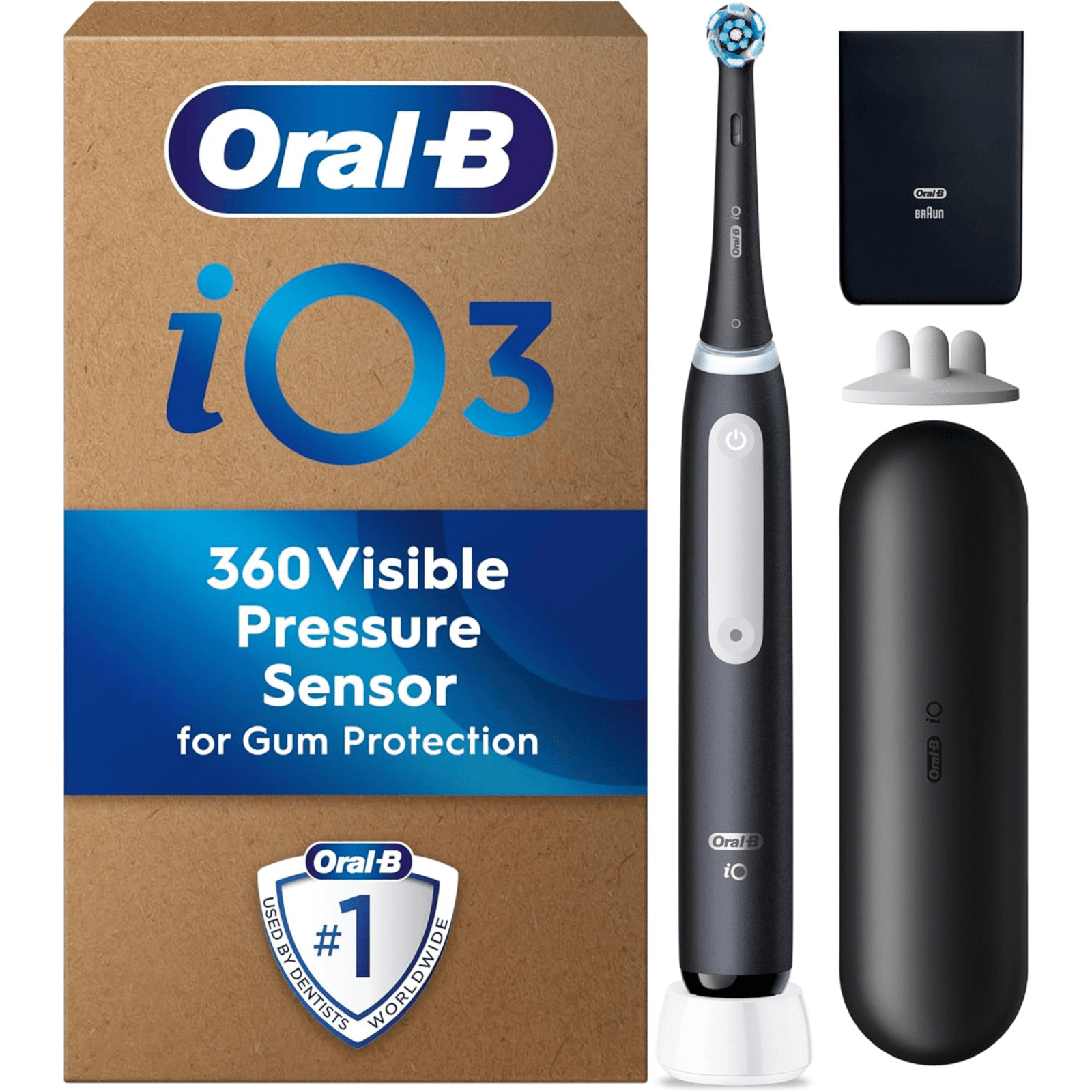 Oral-B iO 3 Matt Black Ultimate Clean Electric Toothbrush, 1 Refill Holder, 1 Charger Pouch, 1 Travel Case, Designed by Braun, Packaging May Vary