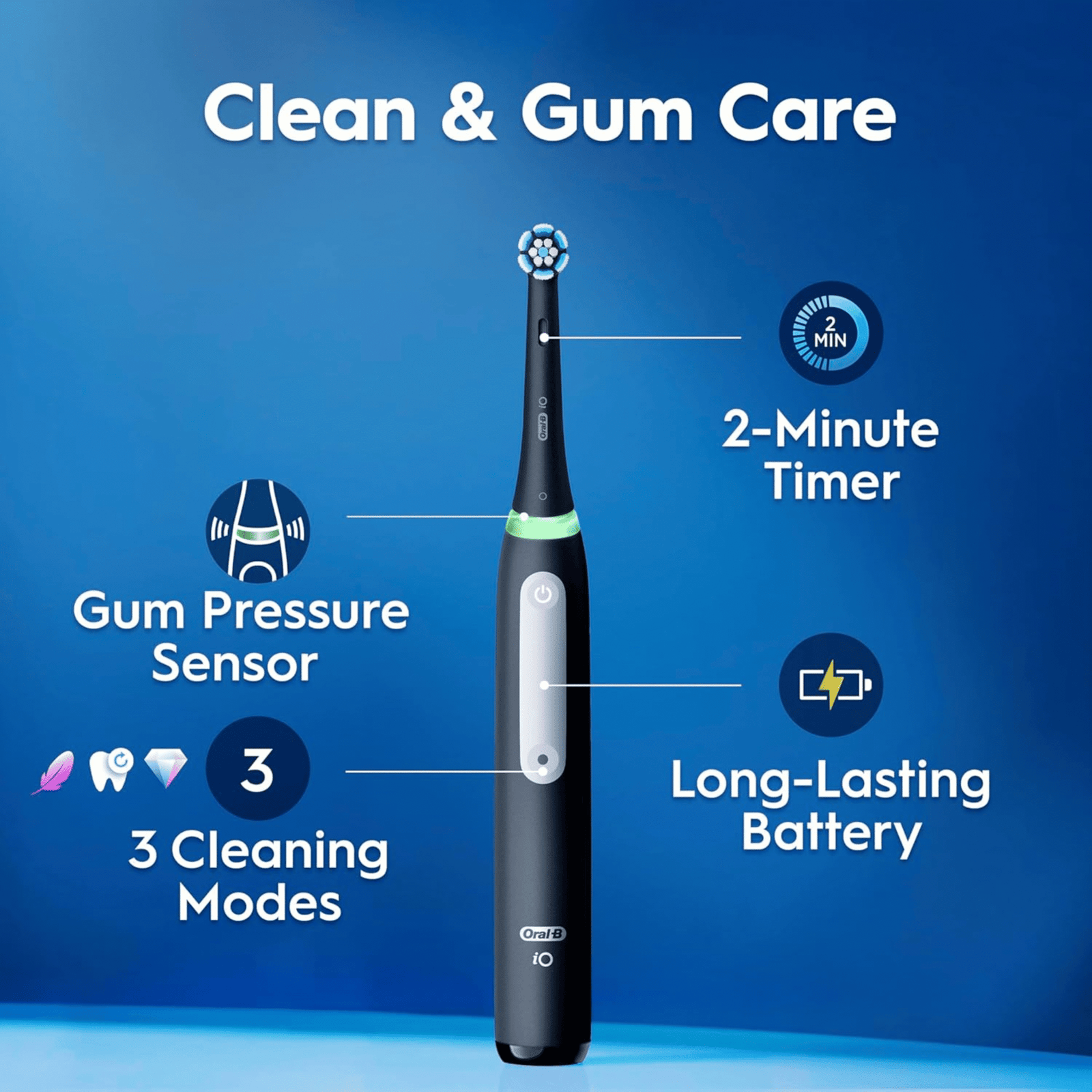 Oral-B iO 3 Matt Black Ultimate Clean Electric Toothbrush, 1 Refill Holder, 1 Charger Pouch, 1 Travel Case, Designed by Braun, Packaging May Vary - Image 3